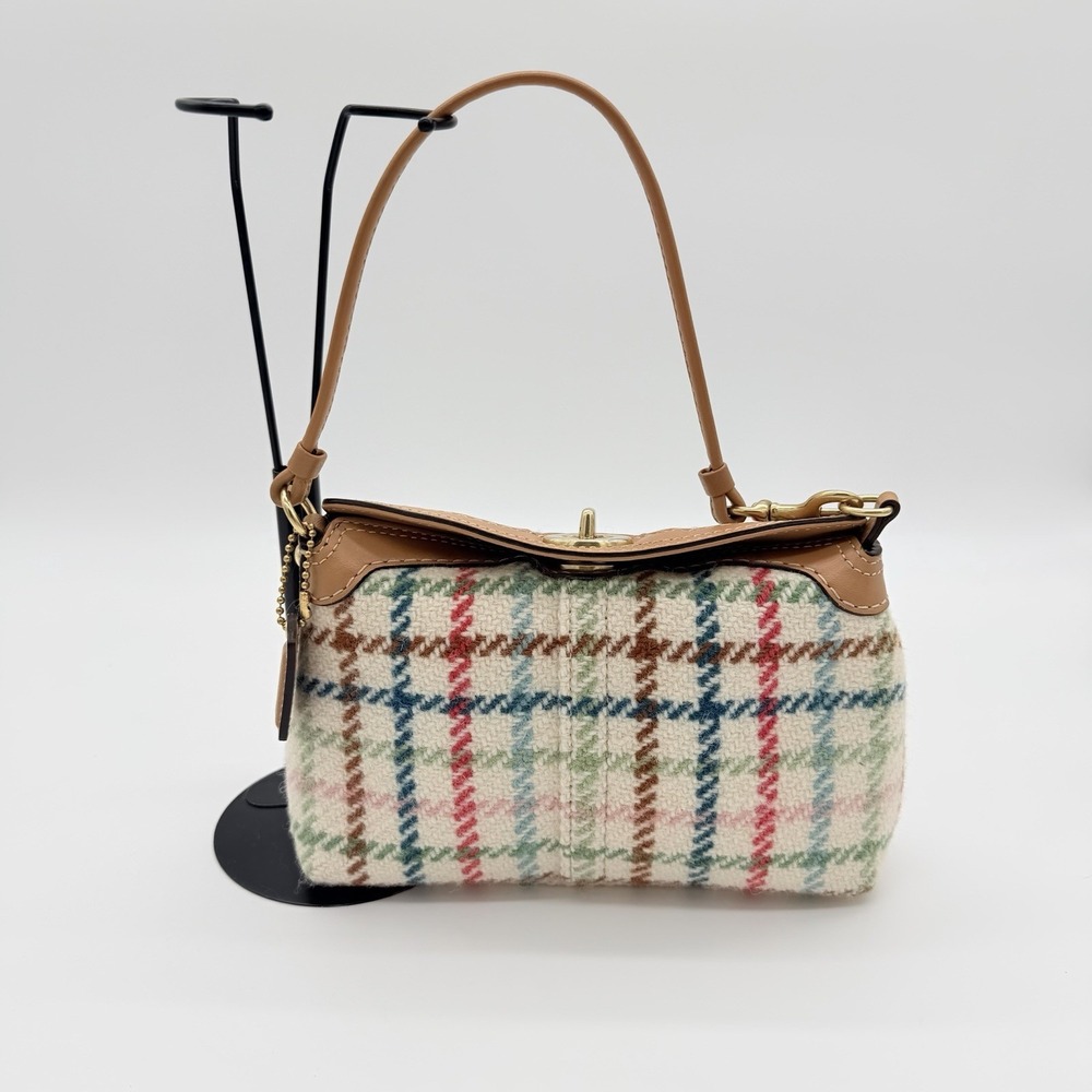 Vintage Coach Plaid Tweed Turnlock Mini Wristlet Tan Leather Trim Bag Multicolor